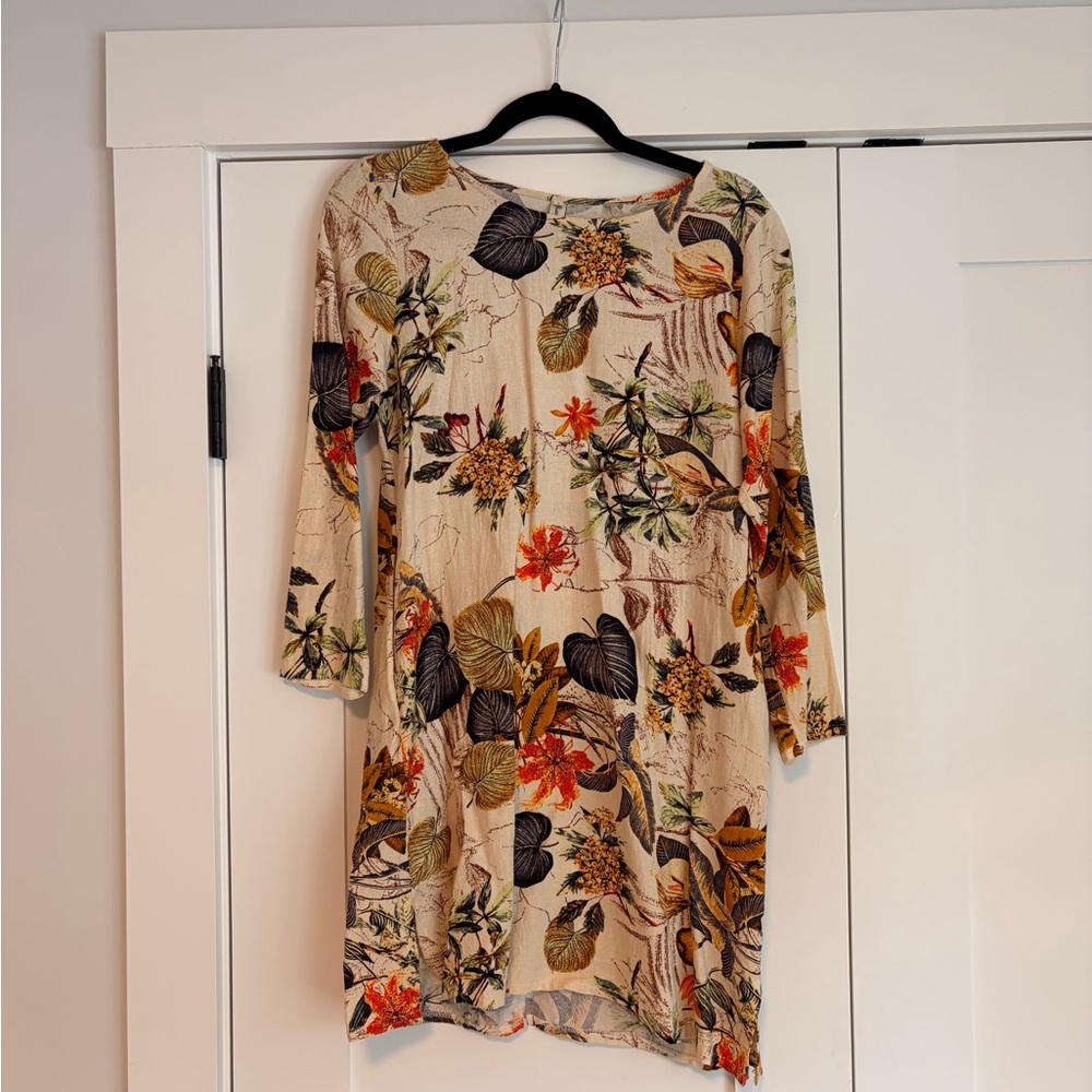 Floral Beige Knit Tunic Dress with Tropical Leaf Print